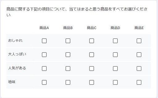 Googleフォームのチェックボックス(グリッド)形式の画面